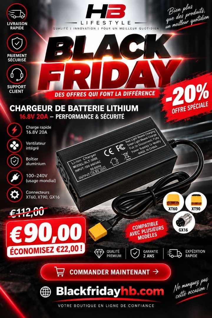 Chargeur de batterie lithium 16.8V 20A pour batterie lithium-ion 4S 14.8V – Charge rapide avec ventilateur, boîtier aluminium, 100-240V, connecteurs XT60 XT90 GX16