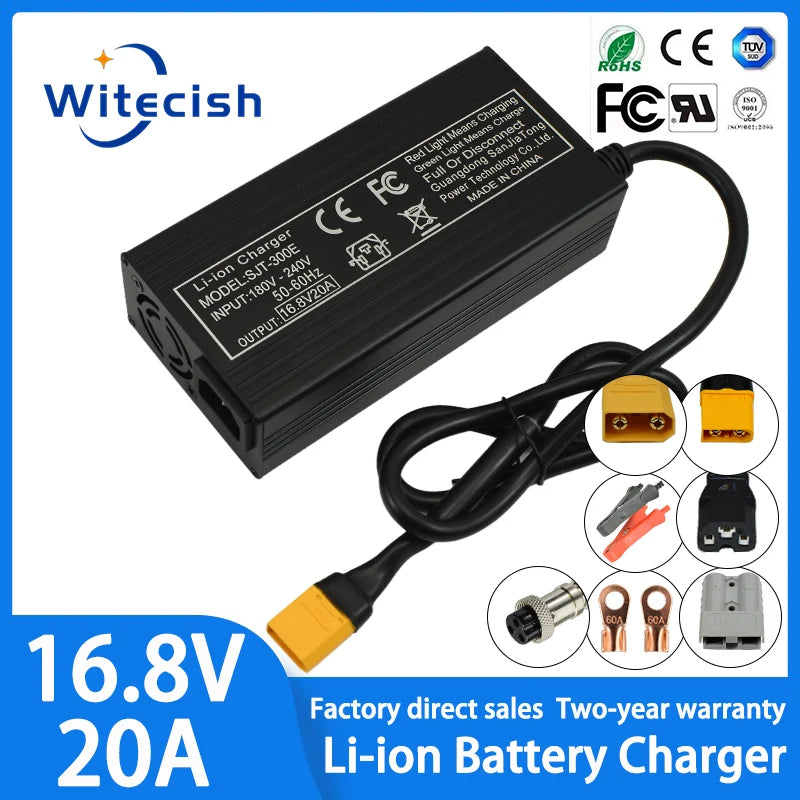 Chargeur de batterie lithium 16.8V 20A pour batterie lithium-ion 4S 14.8V – Charge rapide avec ventilateur, boîtier aluminium, 100-240V, connecteurs XT60 XT90 GX16