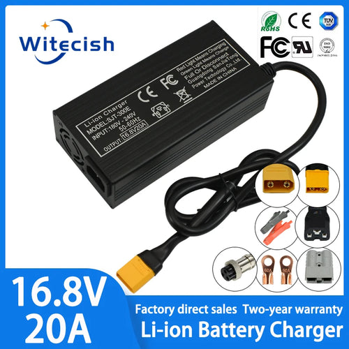 Chargeur de batterie lithium 16.8V 20A pour batterie lithium-ion 4S 14.8V – Charge rapide avec ventilateur, boîtier aluminium, 100-240V, connecteurs XT60 XT90 GX16