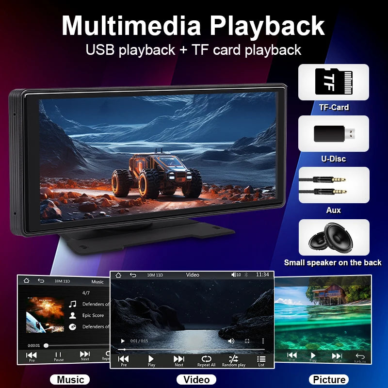 🚗 Rétroviseur Multimédia 10,26" – CarPlay & Android Auto Sans Fil, Bluetooth, AUX, USB