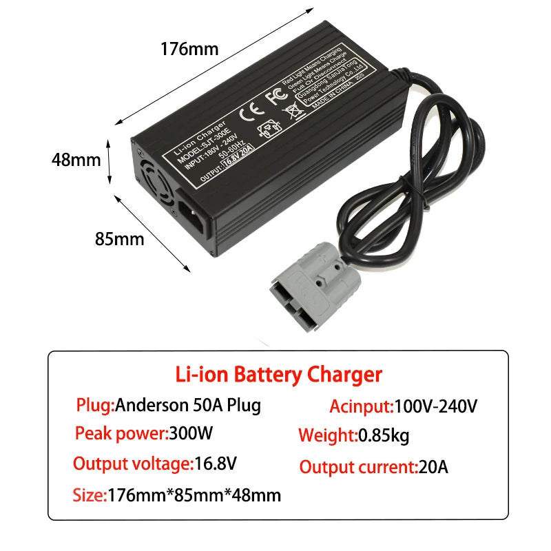 Chargeur de batterie lithium 16.8V 20A pour batterie lithium-ion 4S 14.8V – Charge rapide avec ventilateur, boîtier aluminium, 100-240V, connecteurs XT60 XT90 GX16