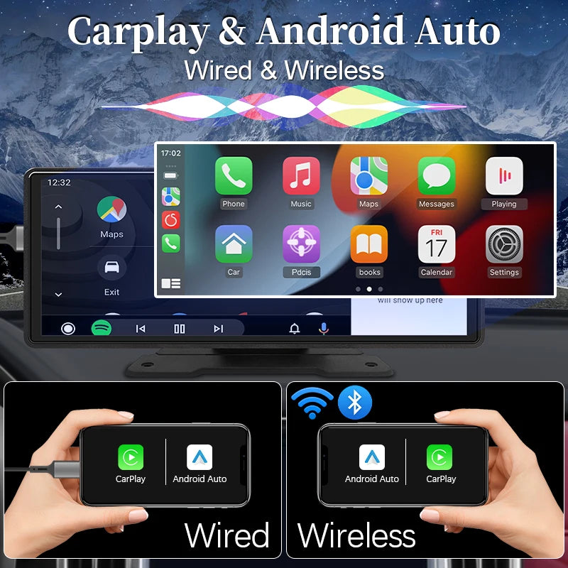 🚗 Rétroviseur Multimédia 10,26" – CarPlay & Android Auto Sans Fil, Bluetooth, AUX, USB